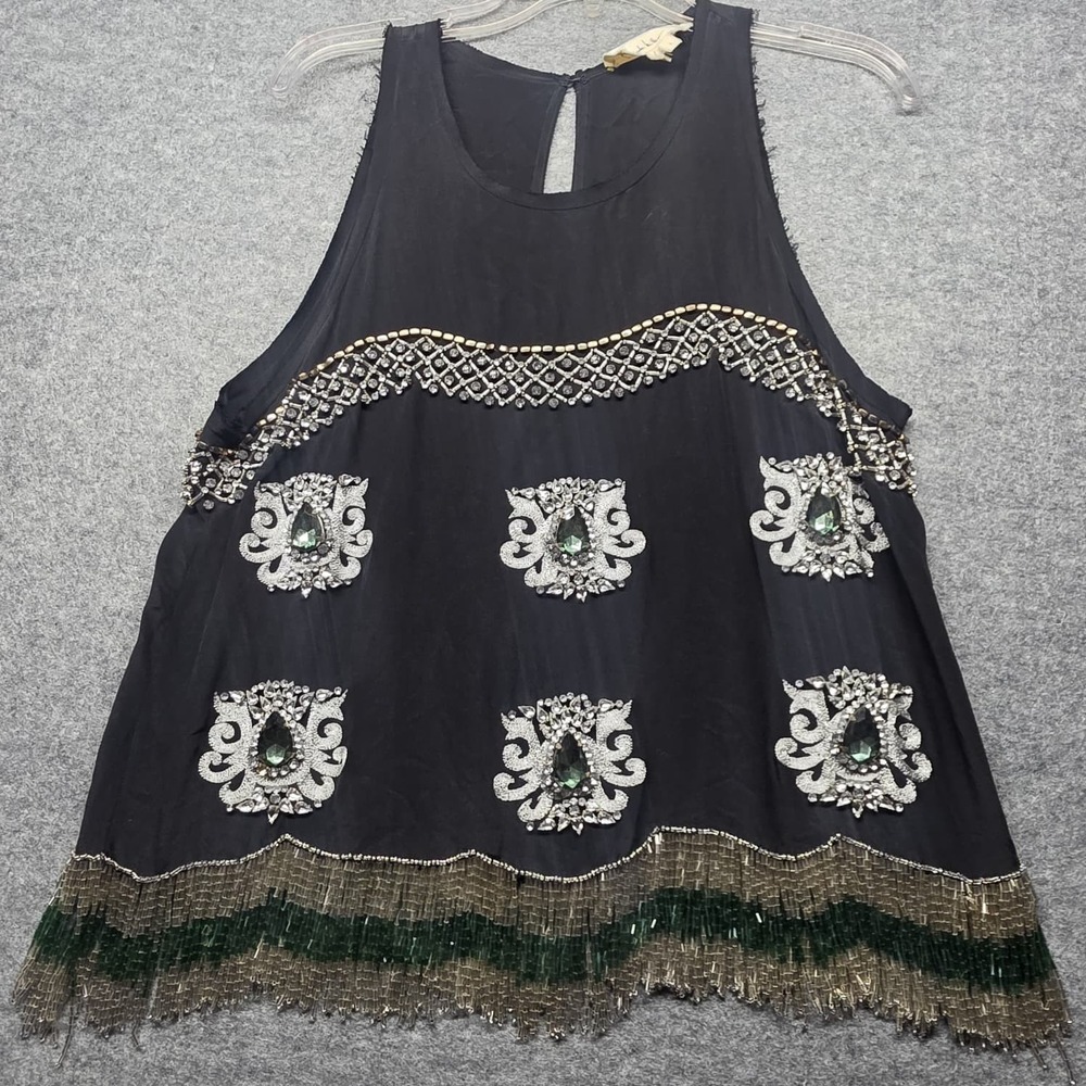 Nicole Miller Atelier 100% Silk Black Beaded Fringe Dress Tunic Size L Y2K